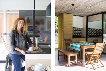 La arquitecta Carolina Fernández (a cargo también de la dirección de obra e interiorismo). El mueble y la alzada de cocina atraviesan la puerta y llegan al patio con parrilla. Sobre la mesa de teca, mantel de algodón y cesto (todo de Claudia Adorno).