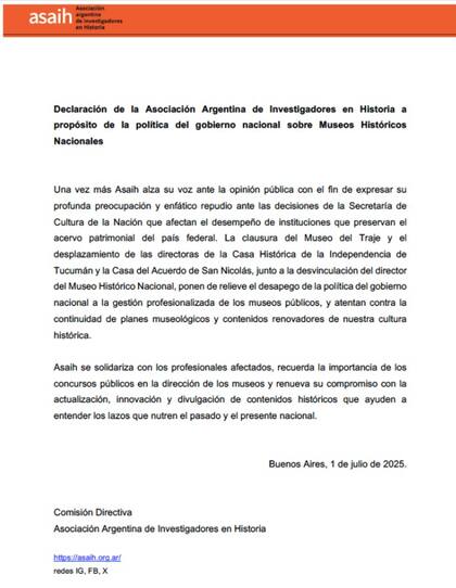 La AsAIH repudió la medida de la Secretaría de Cultura de la Nación