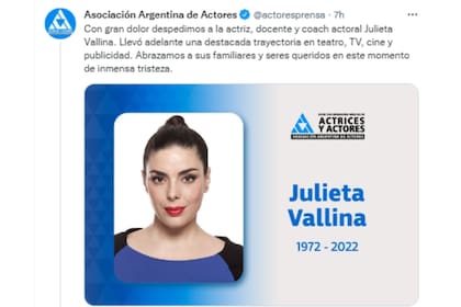 La Asociación Argentina de Actores anunció el fallecimiento de Julieta Vallina (Foto: Twitter @actoresprensa)