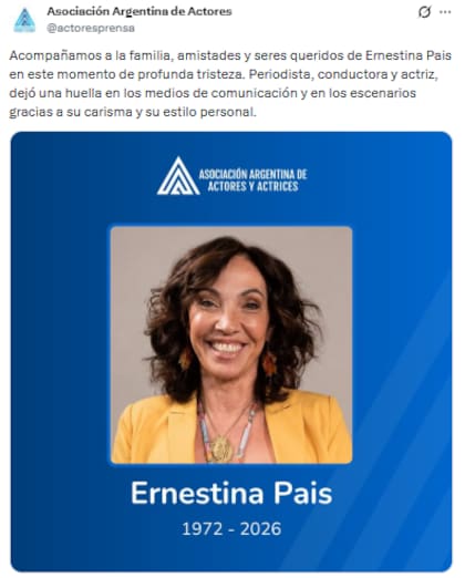 La Asociación Argentina de Actores realizó una publicación hacer llegar su pésame a familia y amigos de la conductora