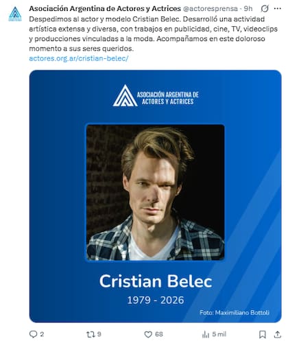 La Asociación Argentina de Actores y Actrices confirmó el fallecimiento de Cristian Belec (Foto: X @actoresprensa)