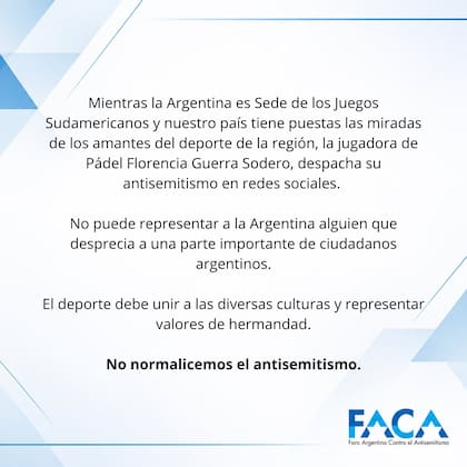 La Asociación de Pádel Argentino apartó de la delegación nacional a Florencia Guerra Sodero por comentarios antisemitas.