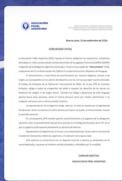 La Asociación de Pádel Argentino apartó de la delegación nacional a Florencia Guerra Sodero por comentarios antisemitas.