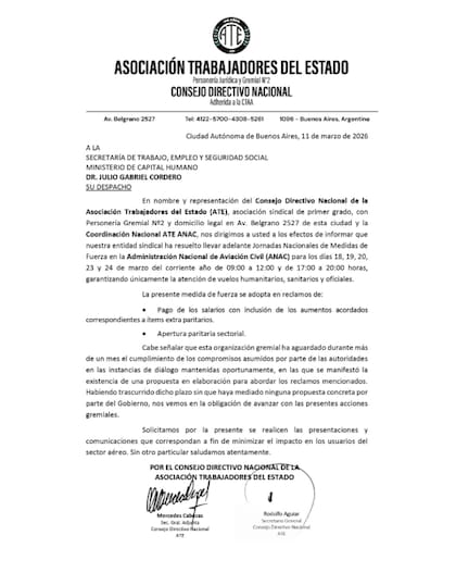 La Asociación de Trabajadores del Estado anunció un paro de una semana que afectará los vuelos en más de veintisiete aeropuertos del país (X: @rodoaguiar)