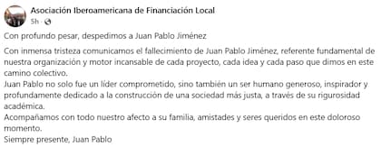 La Asociación Iberoamericana de Financiación Local (Aifil) despidió en su perfil de Facebook a Juan Pablo Jiménez
