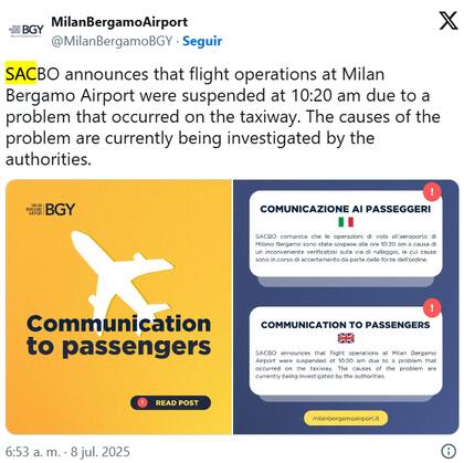 La autoridad del Aeropuerto de Bérgamo-Orio informó que todos los vuelos fueron suspendidos