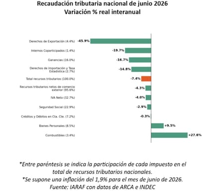 La baja de los derechos de exportación explicó el mayor retroceso de la recaudación en junio. Según el Iaraf, las retenciones cayeron 45,9% en términos reales respecto del mismo mes de 2025, mientras que el total de los recursos tributarios descendió 7,4%