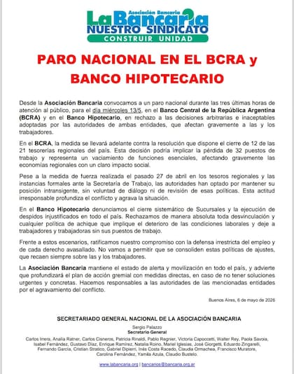 La Bancaria hace un paro este miércoles 13 de mayo por despidos en el BCRA y el Banco Hipotecario