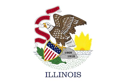 La bandera actual de Illinois presenta un águila que sostiene una cinta roja en su pico y un escudo en su garra, está en uso desde 1915 (Gobierno de Illinois)