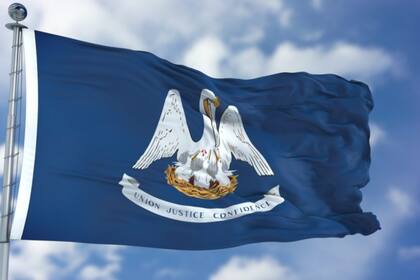 La bandera de Louisiana se compone de una figura heráldica que se llama "el pelícano en su piedad" y la acompaña el lema estatal: "Unión, justicia, y confianza"