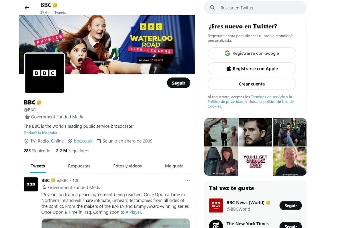 La BBC apareció estos días en Twitter como un "medio financiado por el gobierno"; esto es falso, pero dice mucho