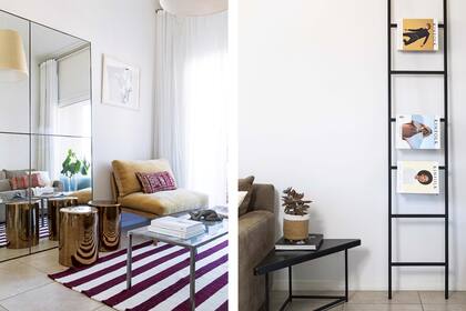 Un inmenso espejo repartido, amurado a la pared como un cuadro y apoyado sobre el piso, potencia la sensación de amplitud. Lo mismo logran las larguísimas cortinas translúcidas.