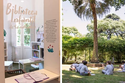 La biblioteca infantil dentro de la casona y un grupo de niños descubriendo las plantas del jardín