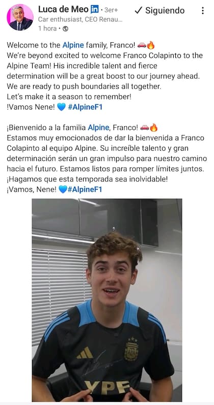 La bienvenida del ejecutivo a Colapinto tras su arribo a Alpine con el lema: "¡Vamos Nene!"