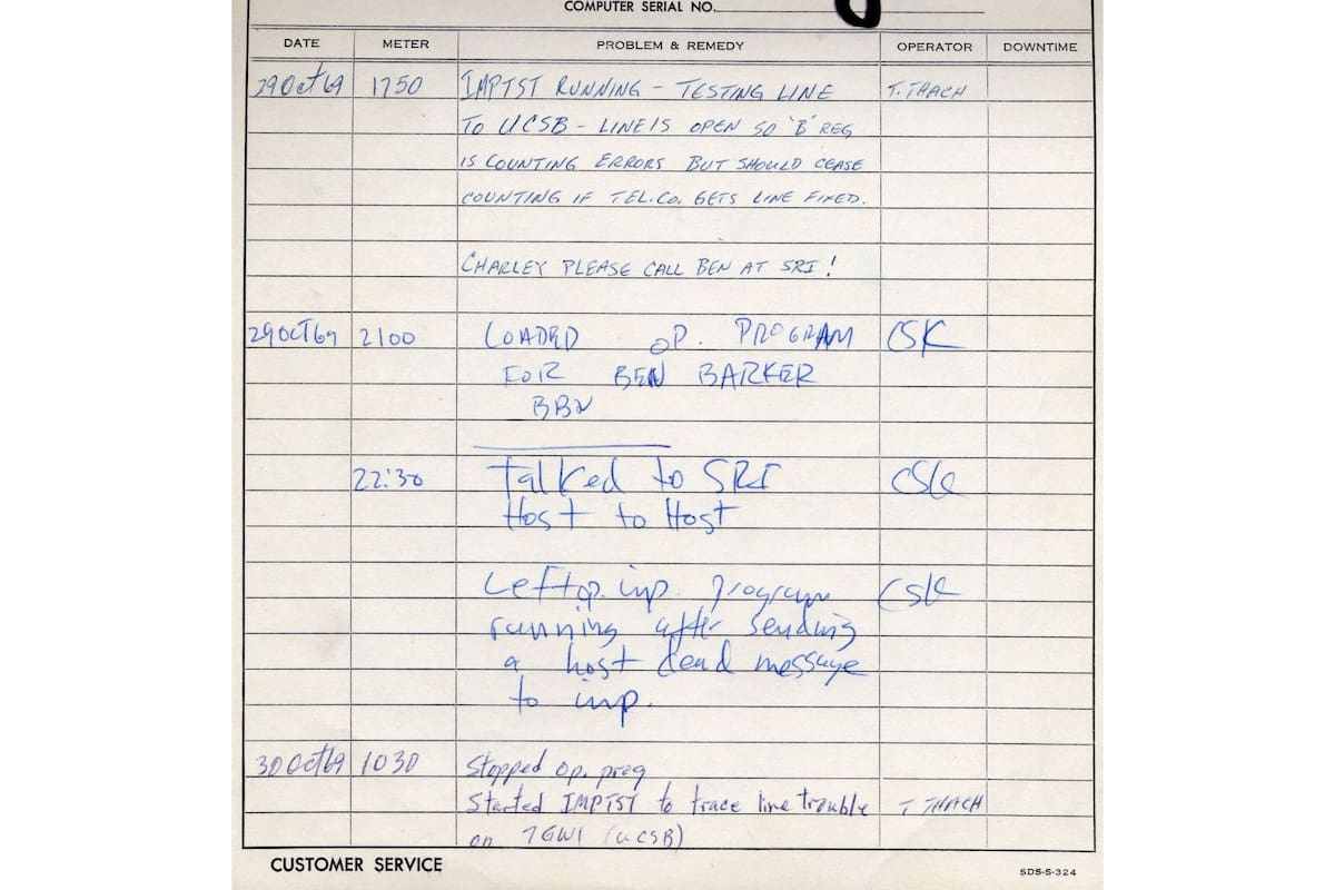 La bitácora donde Charley Kline anotó su primer intento de conexión con una computadora a 500 kilómetros de distancia, el 29 de octubre de 1969