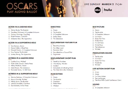 La boleta de los Premios Oscar de ABC para seguir la trasmisión en vivo