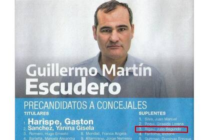 La boleta en la que figura Julio Segundo Rigau como candidato a concejal; se trata del puntero del PJ detenido con 48 tarjetas de débito de otros empleados de la Legislatura bonaerense