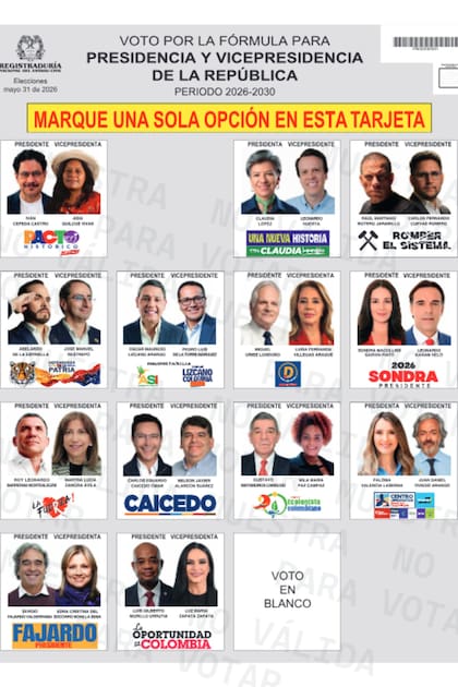 La boleta única que se usará en las elecciones presidenciales de Colombia