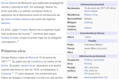 La broma sobre un romance entre Meloni y Milei llegó a Wikipedia este sábado