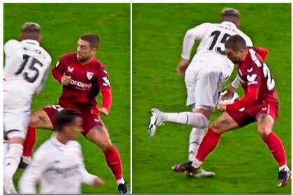 La brutal infracción del argentino Papu Gómez al uruguayo Federico Valverde, en el partido entre Real Madrid y Sevilla. Captura de video