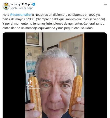 La cadena de churrerías El Topo salió a desmentir a Mirol en redes sociales
