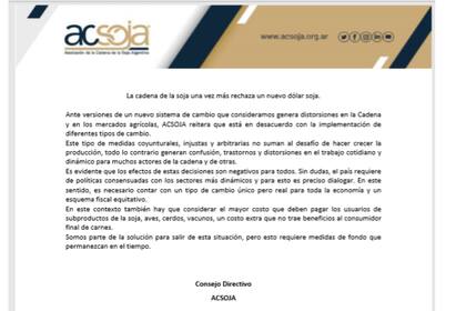 La cadena de la soja rechazó la implementación de un posible dólar soja