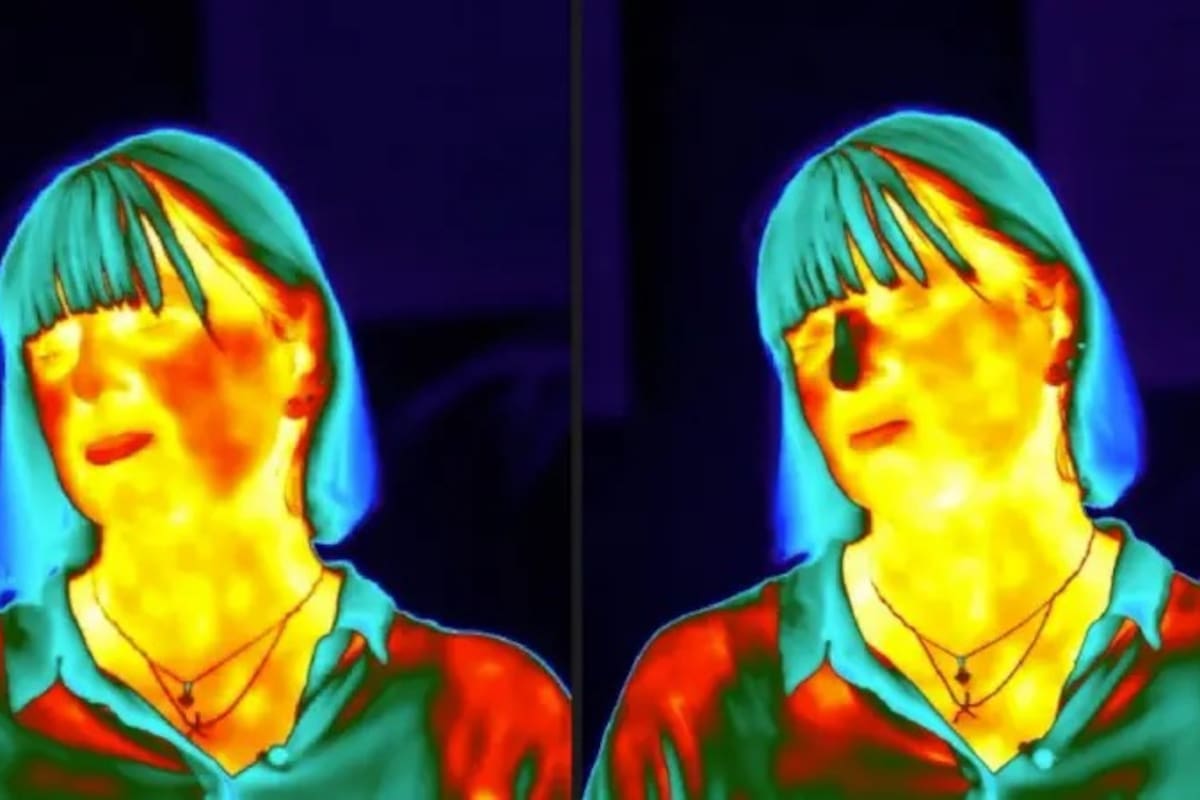La caída de temperatura en la nariz, que se ve en la imagen térmica de la derecha, se produce porque el estrés afecta nuestro flujo sanguíneo