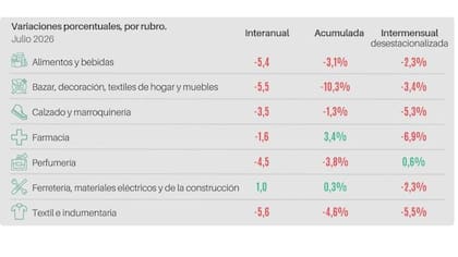 La caída fue generalizada: seis de los siete rubros relevados por CAME registraron bajas interanuales en julio. Textil e indumentaria (-5,6%), Bazar y decoración (-5,5%) y Alimentos y bebidas (-5,4%) mostraron los mayores retrocesos.