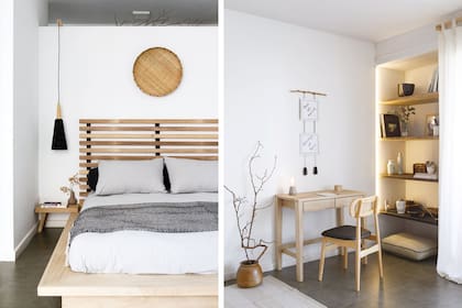 La cama de estilo oriental en kiri con mesas de luz adosadas y cajones ocultos es un diseño de Bec Art & Deco ejecutado por Carpintería Faber. Colchón ‘Tatami’ con relleno de algodón reciclado (Fénix Colchones). En la estantería, contenedores negros (Dukaan Home).