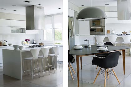 Mesadas y alzadas con revestimiento Caesarstone (Calello). Mesa triangular cnn tapa de granito negro mate (Estudio Mariana Flombaum). La campana enfatiza el aire contemporáneo de la cocina.