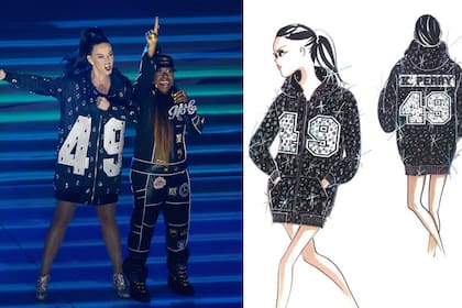 La campera de fútbol americano bordada con cristales fue diseñada para que Katy Perry cantara junto a Missy Elliot