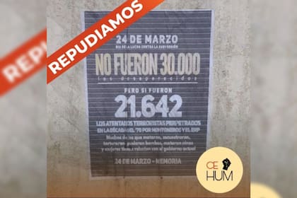 La Casa Cultural Socialista del PTS fue escrachada con recortes de noticias negacionistas y con consignas que advertían que los desaparecidos no fueron 30 mil.