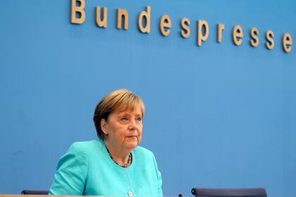 La canciller alemana Angela Merkel en su conferencia de prensa anual de verano en Berlín, Alemania, el jueves 22 de julio de 2021