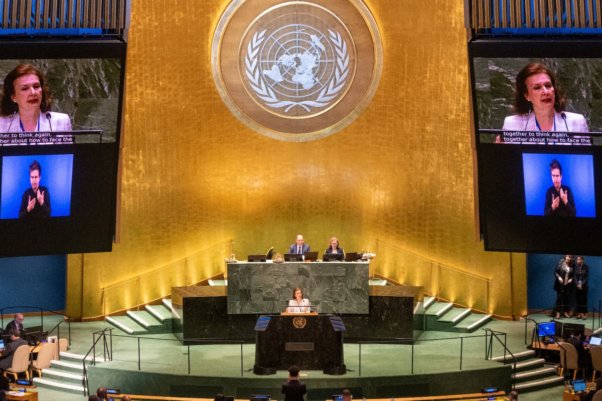La canciller Diana Mondino, ayer, en su exposición ante el plenario de la ONU