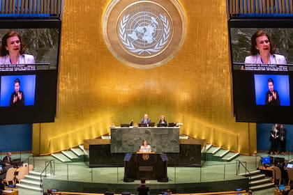 La canciller Diana Mondino en su exposición ante el plenario de la ONU