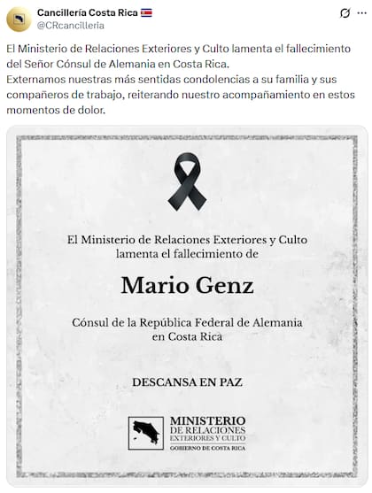 La Cancillería de Costa Rica confirmó la muerte de Genz
