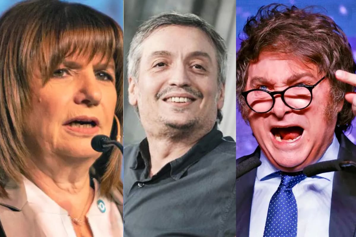 La candidata de JxC, Patricia Bullrich; el diputado nacional, Máximo Kirchner, y el líder de La Libertad Avanza, Javier Milei