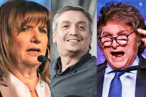 La candidata de JxC, Patricia Bullrich; el diputado nacional, Máximo Kirchner, y el líder de La Libertad Avanza, Javier Milei