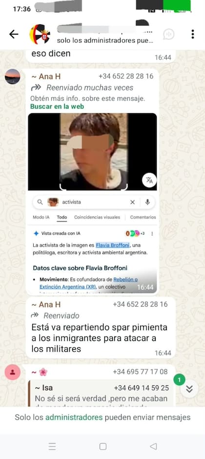 La captura de pantalla del chat grupal donde se muestra el mensaje que menciona a Flavia