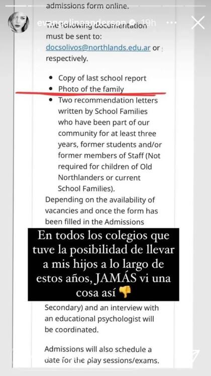 La captura que difundió Evangelina Anderson, con requisitos del colegio Northlands