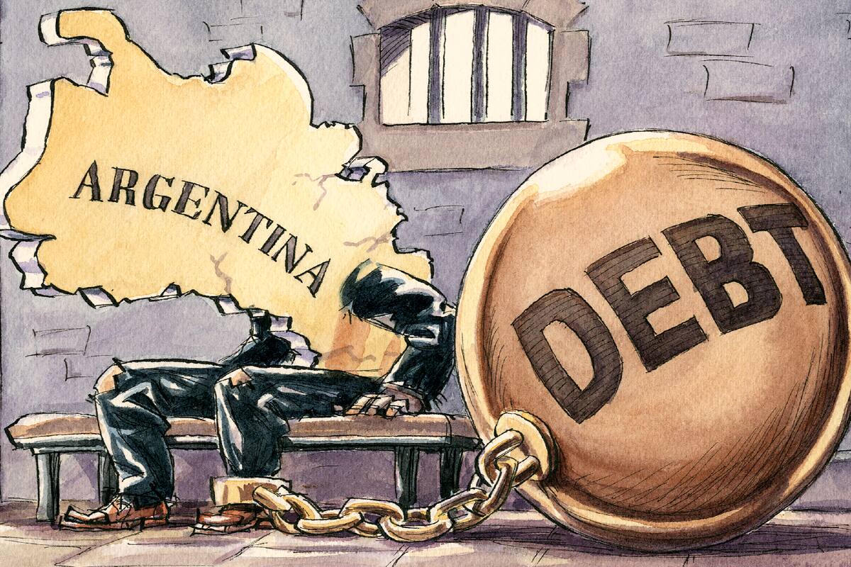 La caricatura que compartió el economista Steve Hanke y muestra a la Argentina encadenada a su deuda