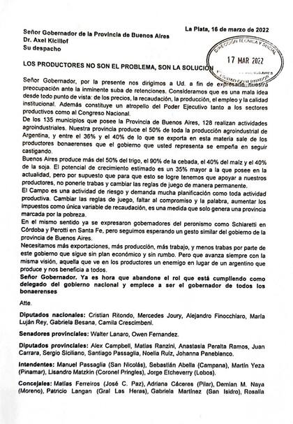 La carta a Kicillof de referentes de JxC en la provincia