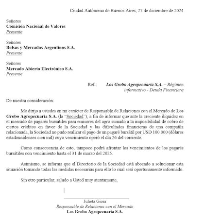 La carta a la CNV de Los Grobo Agropecuaria SA