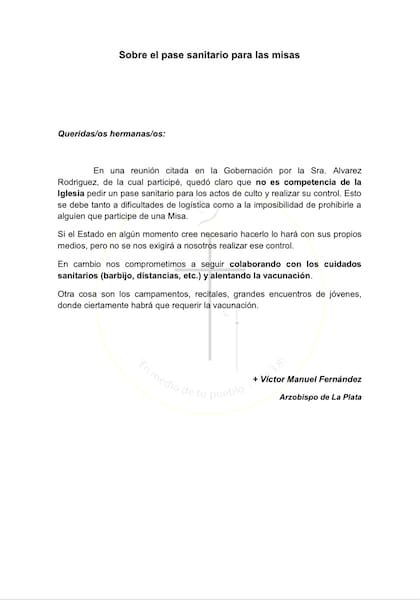La carta a los fieles del arzobispo de La Plata, Víctor Fernández