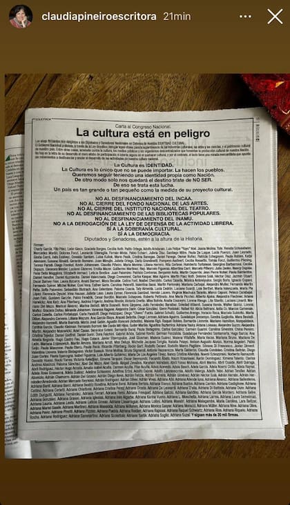 La carta al Congreso Nacional compartida por una de las firmantes, la escritora Claudia Piñeiro.