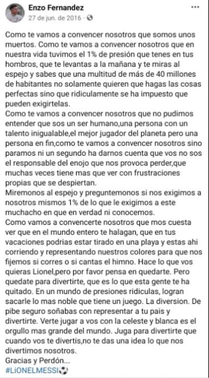 La carta completa que Enzo le dedicó a Messi en 2016, con solo 15 años