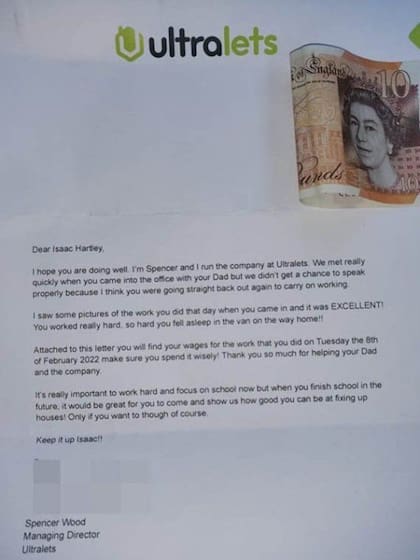 La carta completa que recibió Isaac con 10 libras como pago por su trabajo