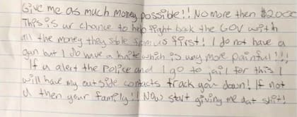 La carta con la que asaltó un banco en Chicago