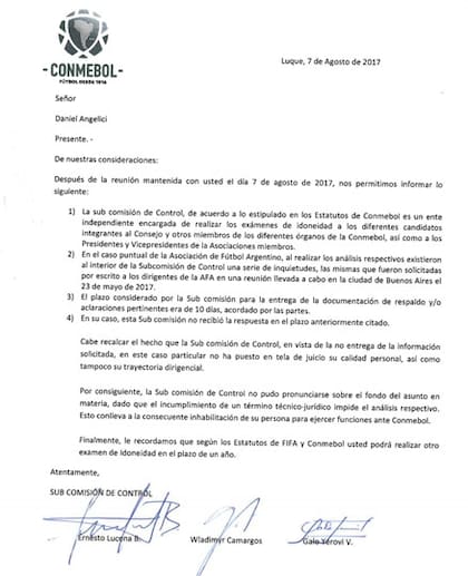 La carta de Conmebol