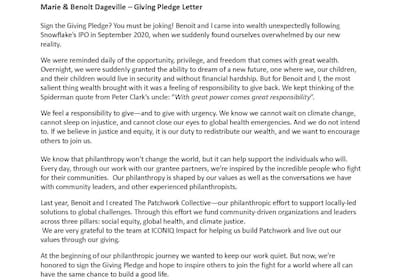 La carta de adhesión de Marie y Benoit a The Giving Pledge, donde invitan a otros millonarios a sumarse
